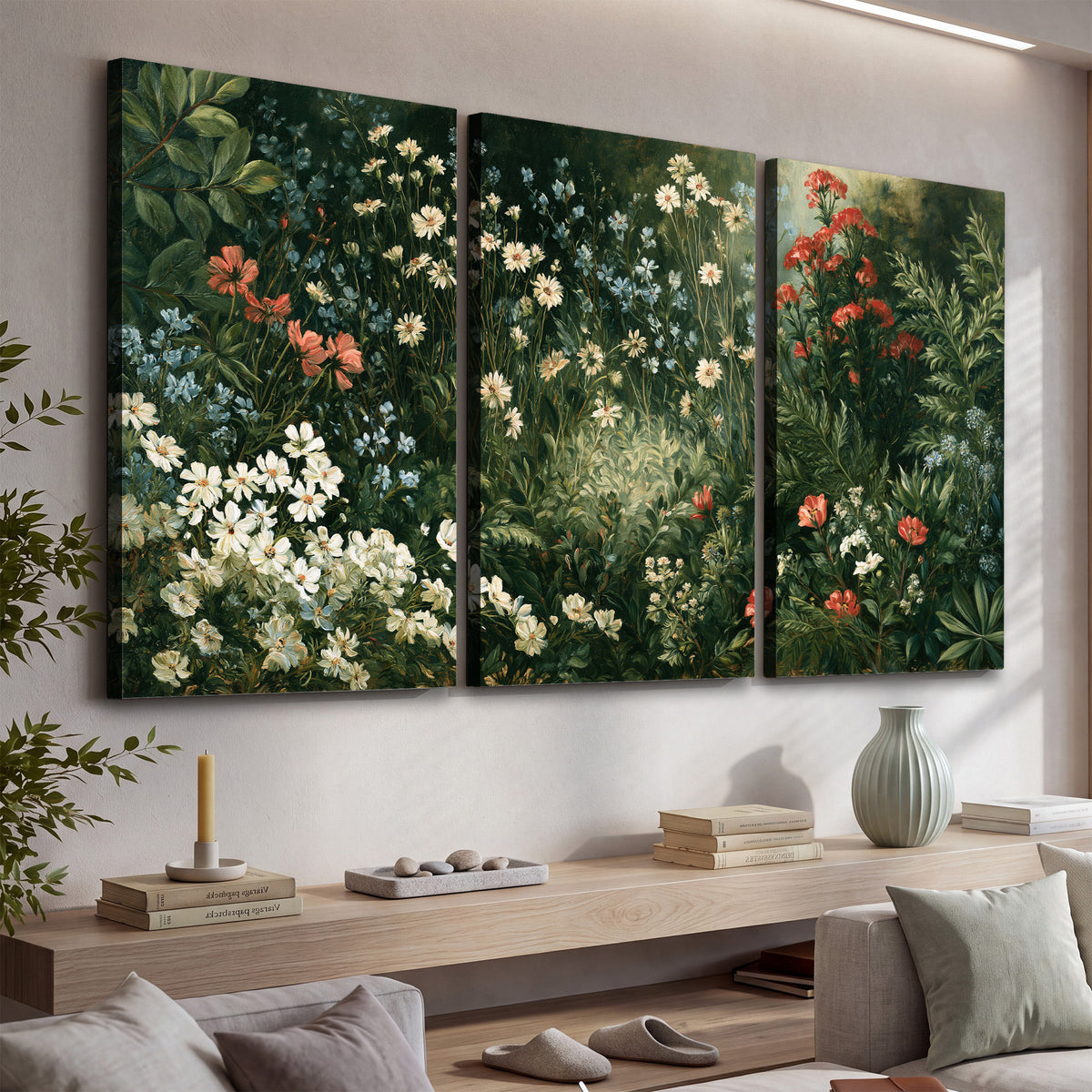 Small white flowers and red blossoms among deep green woodland leaves 3 piece canvas wall art displayed in a console