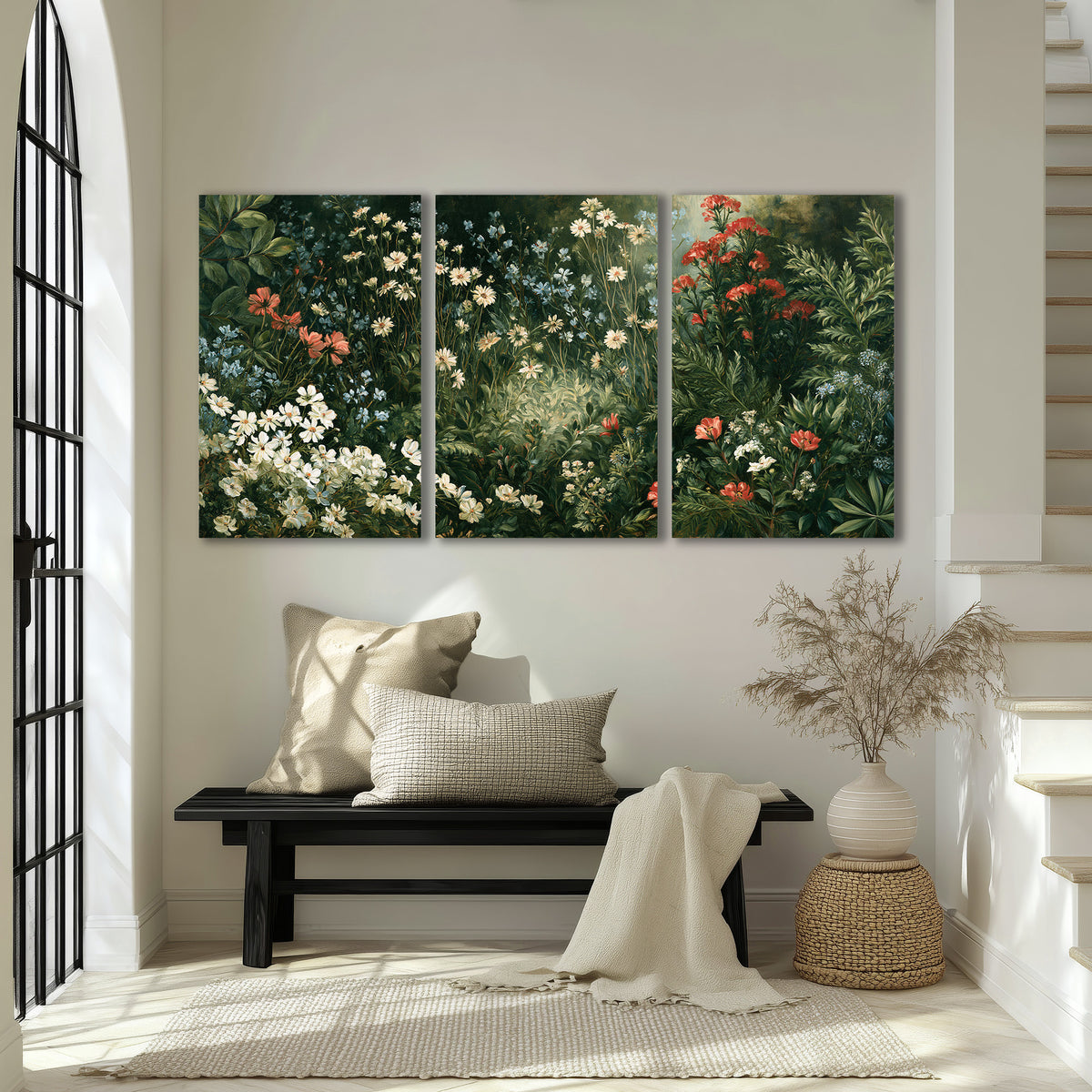 Small white flowers and red blossoms among deep green woodland leaves 3 piece canvas wall art displayed in a entryway