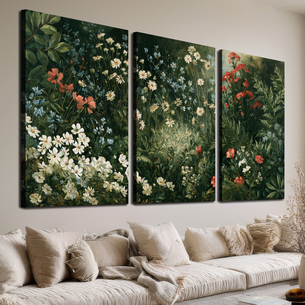 Small white flowers and red blossoms among deep green woodland leaves 3 piece canvas wall art room and product view
