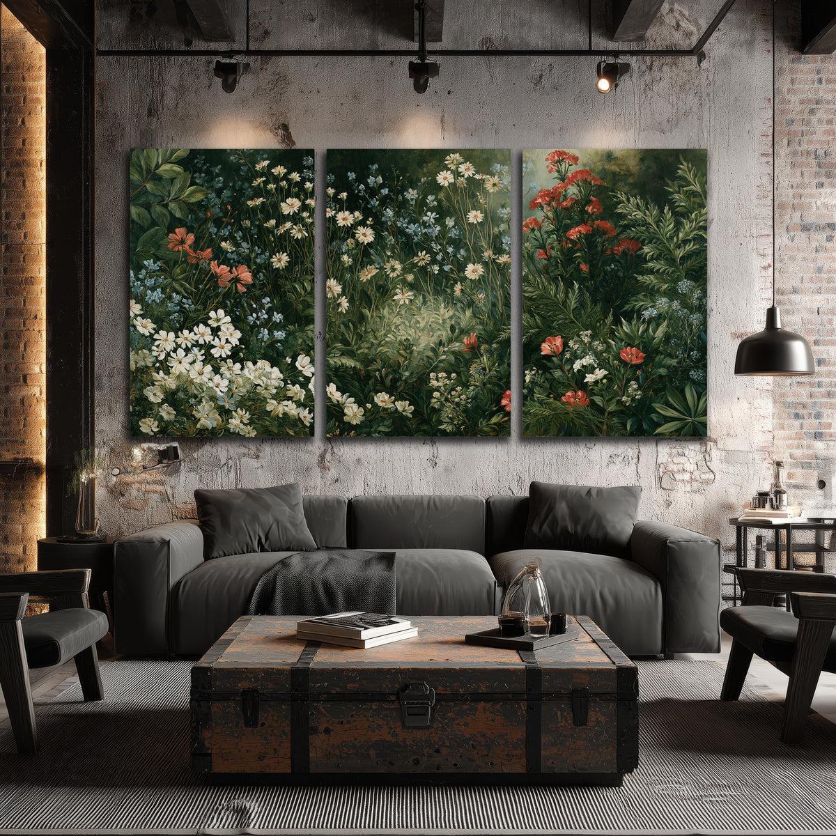 Small white flowers and red blossoms among deep green woodland leaves 3 piece canvas wall art displayed in a industrial room