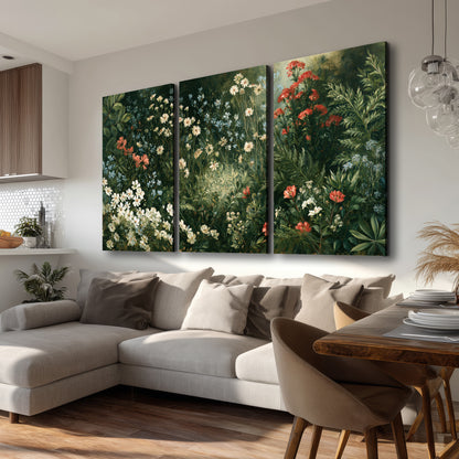 Small white flowers and red blossoms among deep green woodland leaves 3 piece canvas wall art room and product view