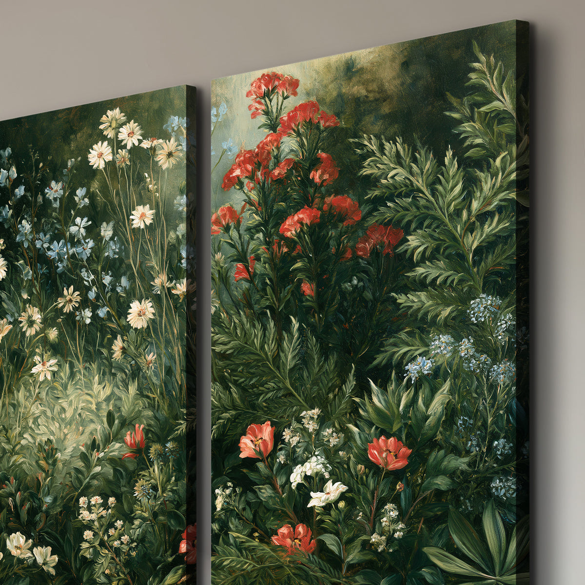 Small white flowers and red blossoms among deep green woodland leaves 3 piece canvas wall art room and product view