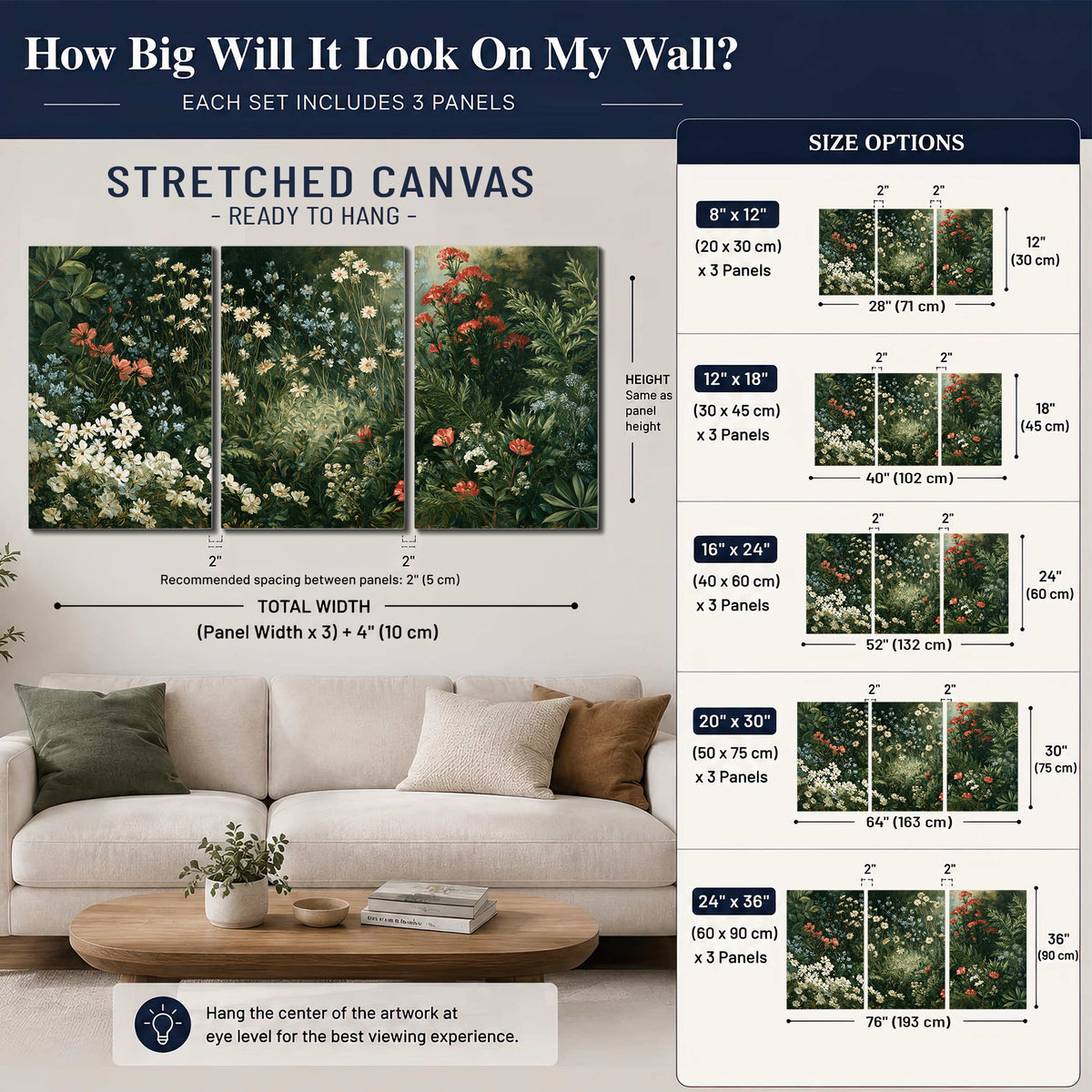 Small white flowers and red blossoms among deep green woodland leaves 3 piece canvas wall art size guide above a sofa; room view is illustrative