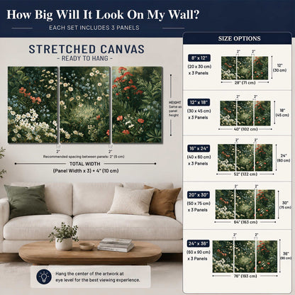 Small white flowers and red blossoms among deep green woodland leaves 3 piece canvas wall art size guide above a sofa; room view is illustrative