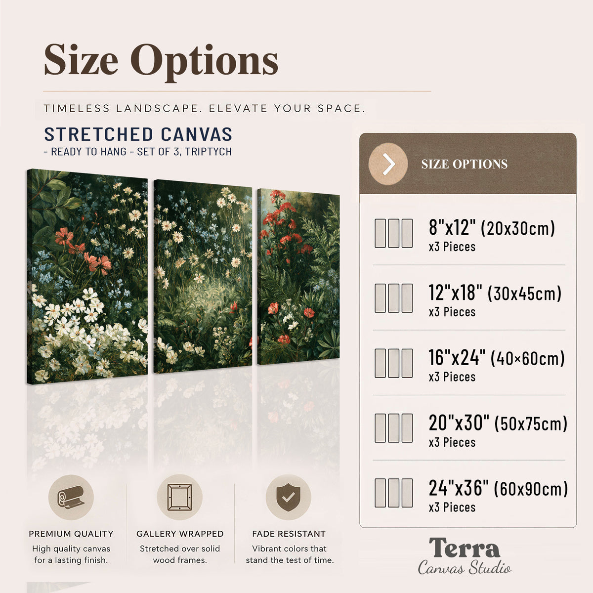 Small white flowers and red blossoms among deep green woodland leaves 3 piece canvas wall art available dimensions; triptych dimensions are per panel