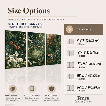 Small white flowers and red blossoms among deep green woodland leaves 3 piece canvas wall art available dimensions; triptych dimensions are per panel
