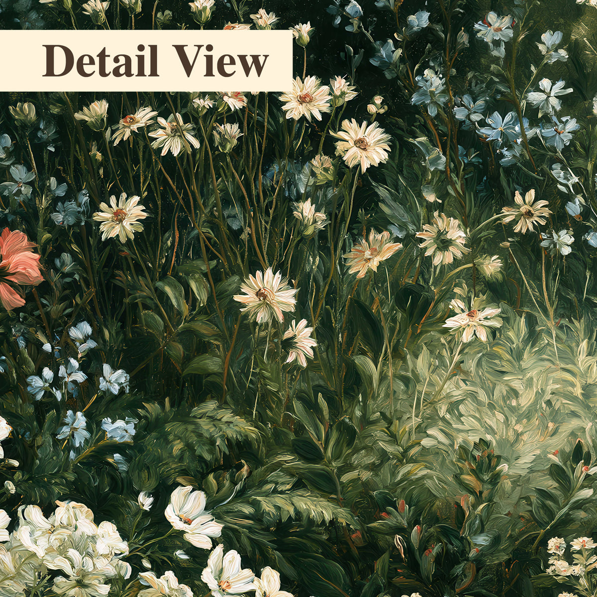 Small white flowers and red blossoms among deep green woodland leaves 3 piece canvas wall art artwork detail close up