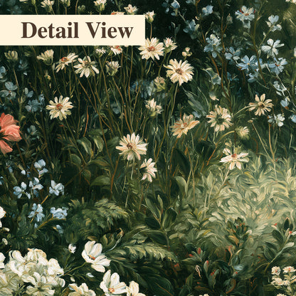 Small white flowers and red blossoms among deep green woodland leaves 3 piece canvas wall art artwork detail close up