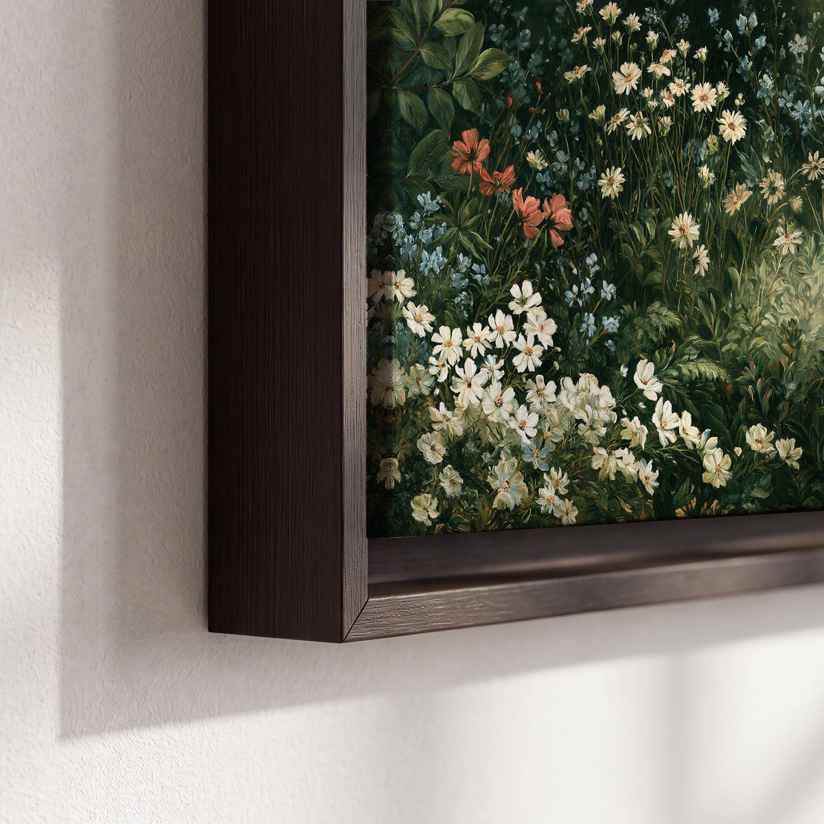 Small white flowers and red blossoms among deep green woodland leaves 3 piece framed canvas wall art material and edge close up