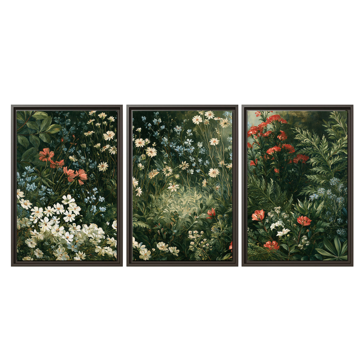 Small white flowers and red blossoms among deep green woodland leaves 3 piece framed canvas wall art viewed straight on