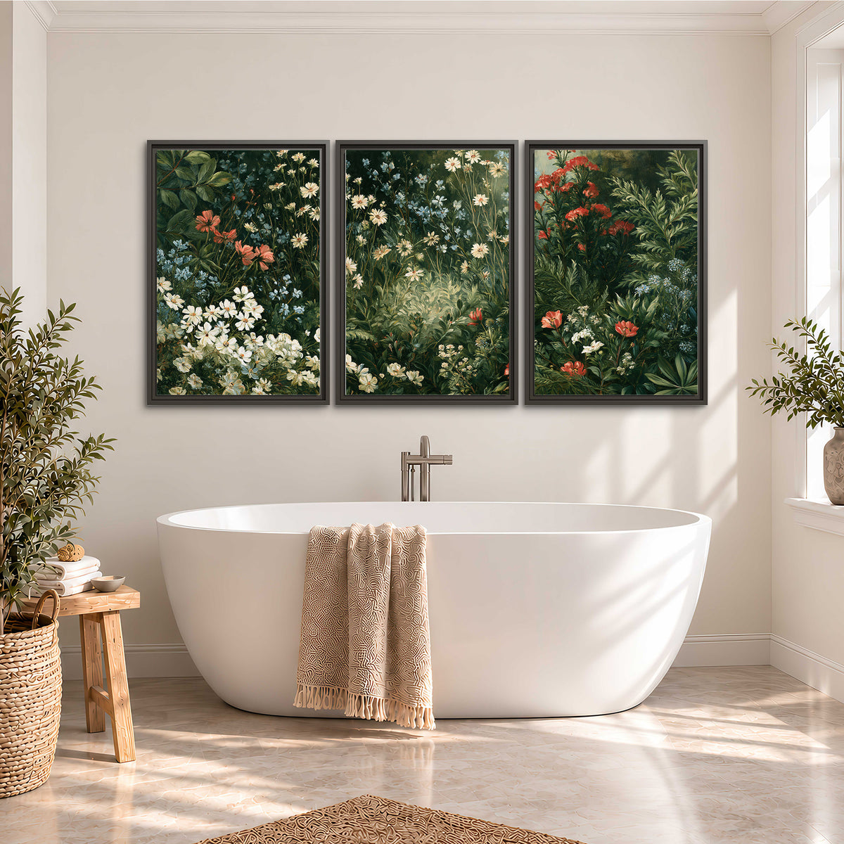 Small white flowers and red blossoms among deep green woodland leaves 3 piece framed canvas wall art styled in an interior