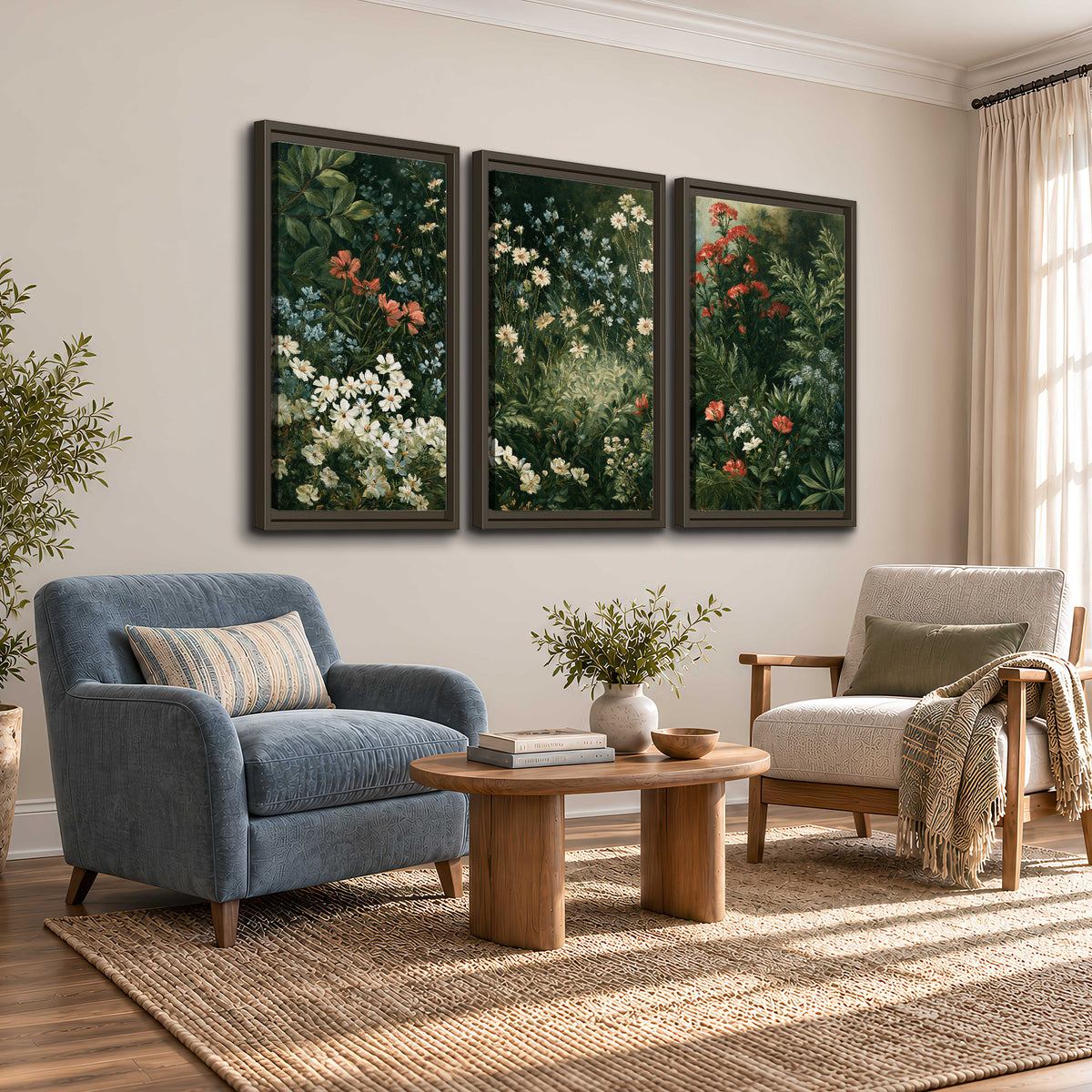 Small white flowers and red blossoms among deep green woodland leaves 3 piece framed canvas wall art styled in an interior