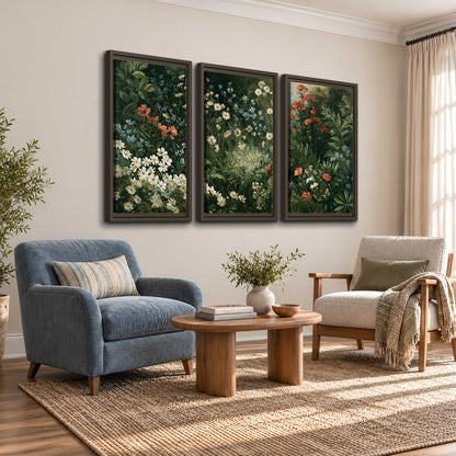 Small white flowers and red blossoms among deep green woodland leaves 3 piece framed canvas wall art styled in an interior