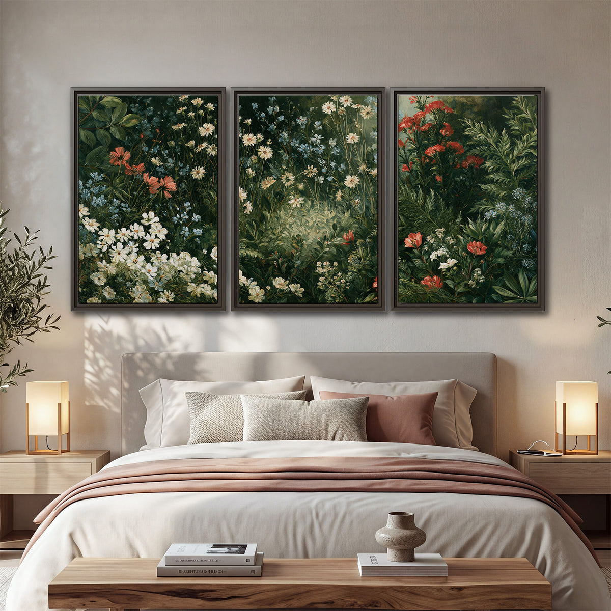 Small white flowers and red blossoms among deep green woodland leaves 3 piece framed canvas wall art displayed in a bedroom