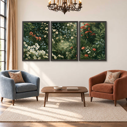 Small white flowers and red blossoms among deep green woodland leaves 3 piece framed canvas wall art styled in an interior