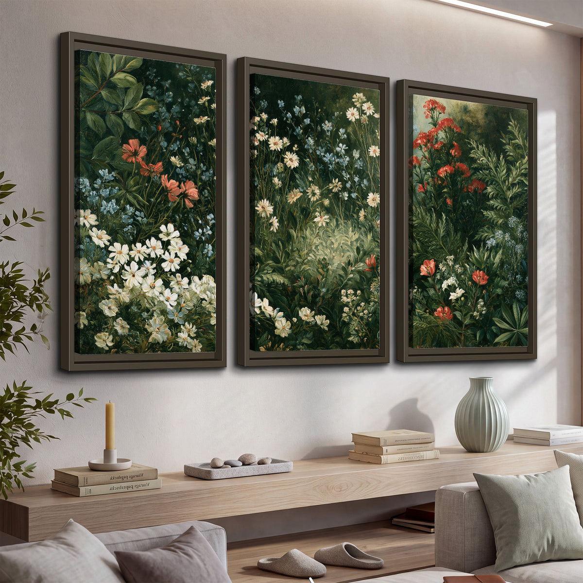 Small white flowers and red blossoms among deep green woodland leaves 3 piece framed canvas wall art displayed in a console
