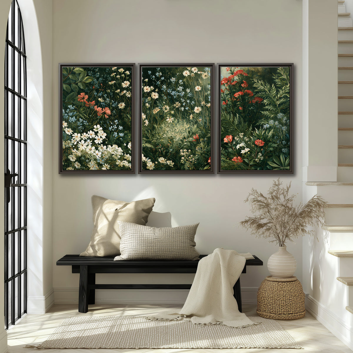 Small white flowers and red blossoms among deep green woodland leaves 3 piece framed canvas wall art displayed in a entryway
