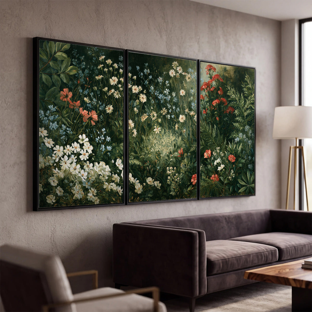 Small white flowers and red blossoms among deep green woodland leaves 3 piece framed canvas wall art displayed in a modern living room