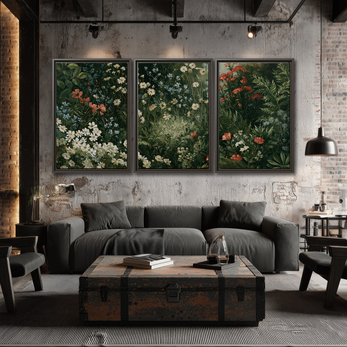 Small white flowers and red blossoms among deep green woodland leaves 3 piece framed canvas wall art displayed in a industrial room