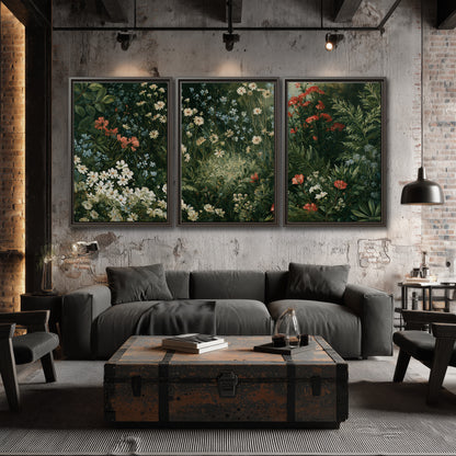 Small white flowers and red blossoms among deep green woodland leaves 3 piece framed canvas wall art displayed in a industrial room