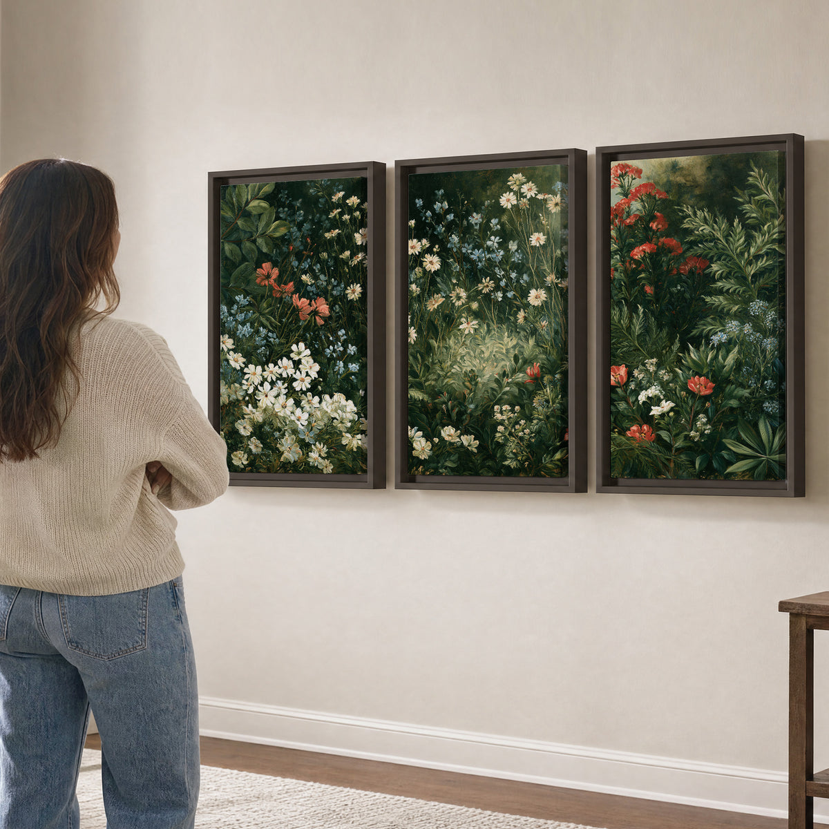 Small white flowers and red blossoms among deep green woodland leaves 3 piece framed canvas wall art three panel arrangement on a wall