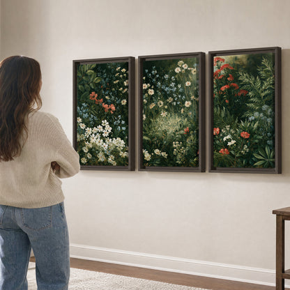 Small white flowers and red blossoms among deep green woodland leaves 3 piece framed canvas wall art three panel arrangement on a wall