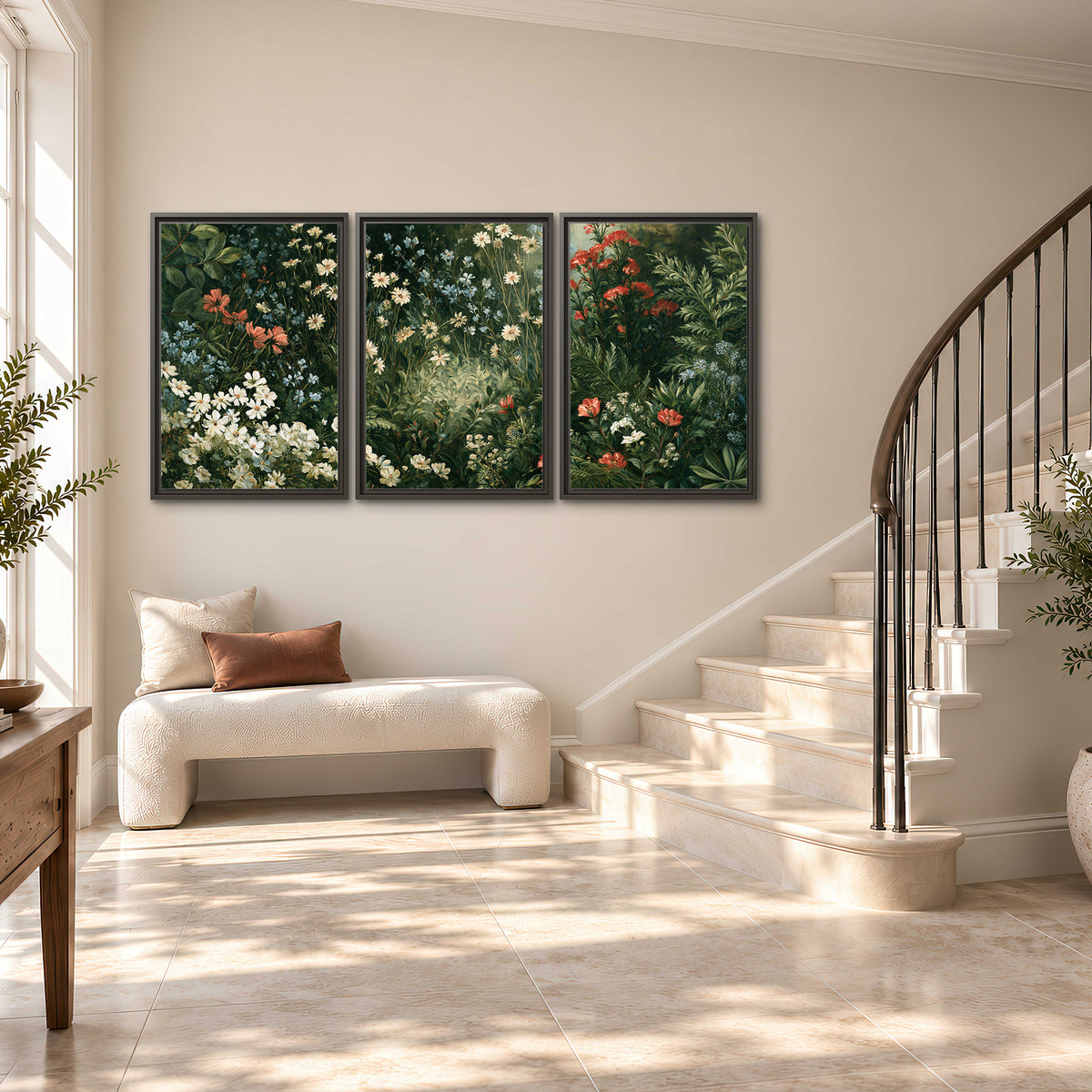 Small white flowers and red blossoms among deep green woodland leaves 3 piece framed canvas wall art styled in an interior
