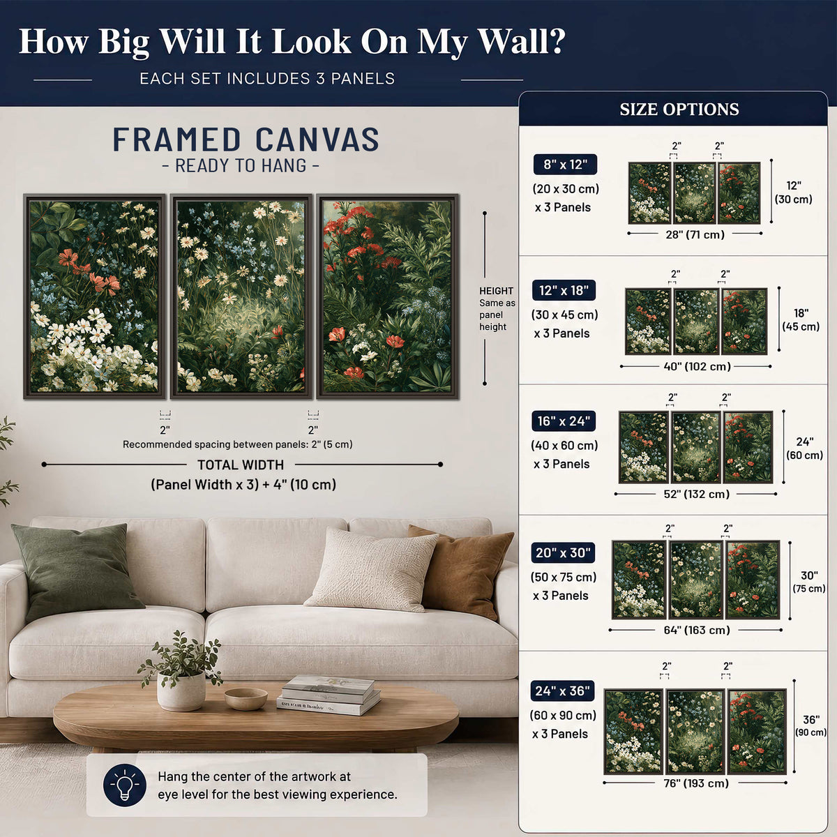 Small white flowers and red blossoms among deep green woodland leaves 3 piece framed canvas wall art size guide above a sofa; room view is illustrative