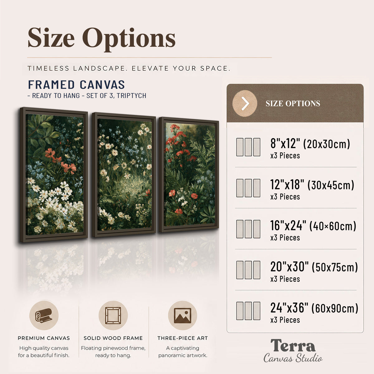 Small white flowers and red blossoms among deep green woodland leaves 3 piece framed canvas wall art available dimensions; triptych dimensions are per panel