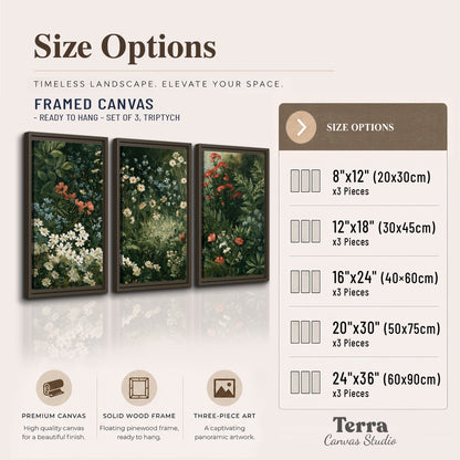 Small white flowers and red blossoms among deep green woodland leaves 3 piece framed canvas wall art available dimensions; triptych dimensions are per panel
