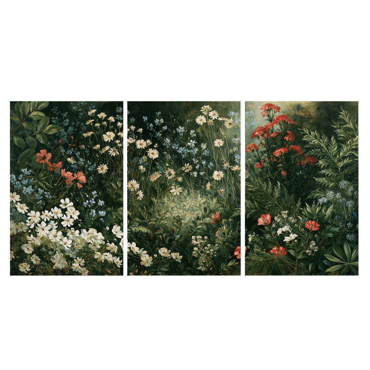 Small white flowers and red blossoms among deep green woodland leaves set of 3 poster prints viewed straight on