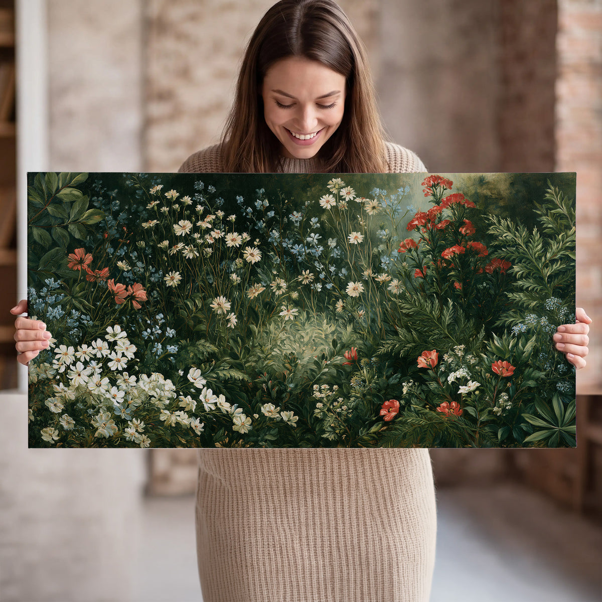 Small white flowers and red blossoms among deep green woodland leaves single canvas wall art held in hands