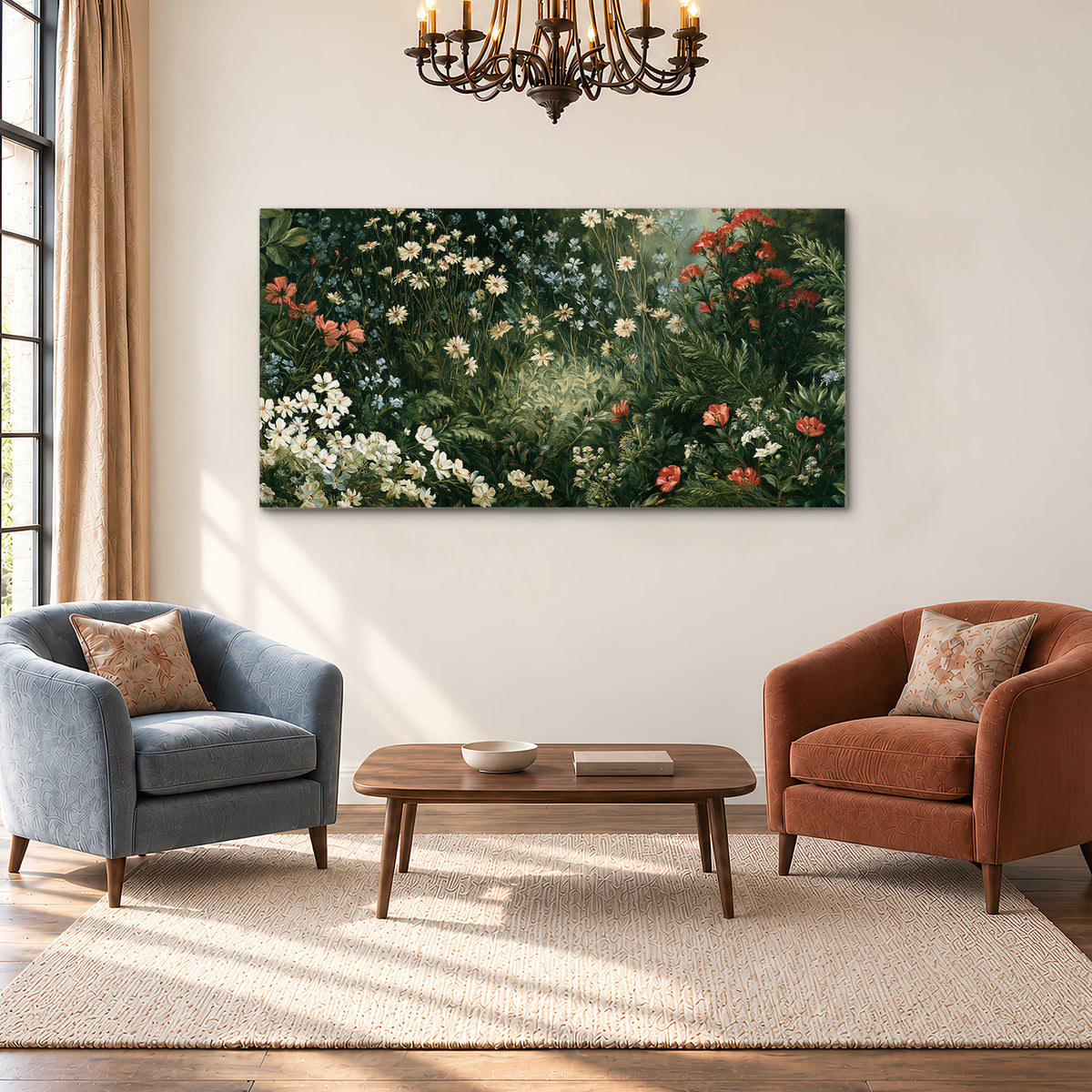 Small white flowers and red blossoms among deep green woodland leaves single canvas wall art styled in an interior