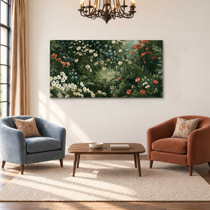 Small white flowers and red blossoms among deep green woodland leaves single canvas wall art styled in an interior