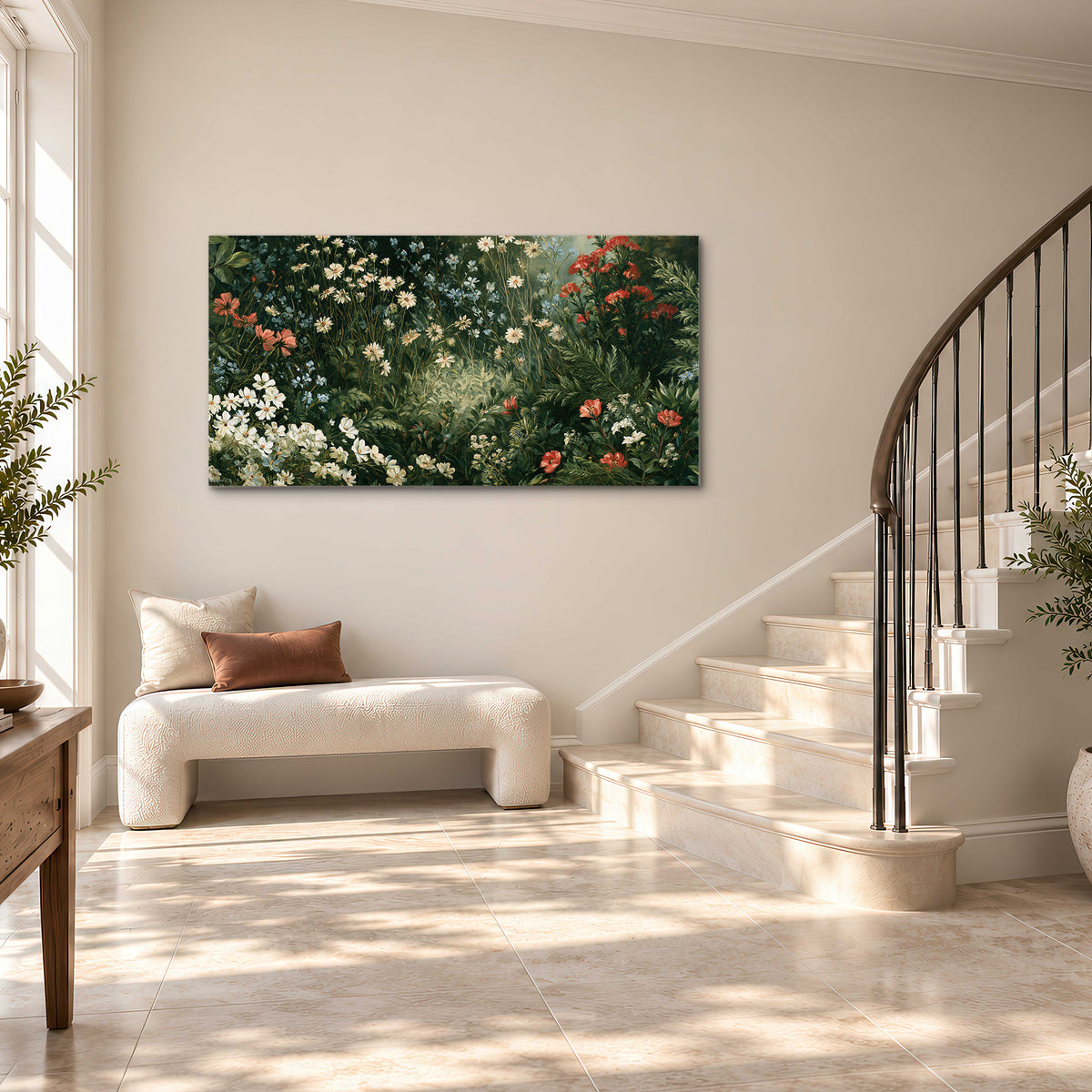 Small white flowers and red blossoms among deep green woodland leaves single canvas wall art styled in an interior