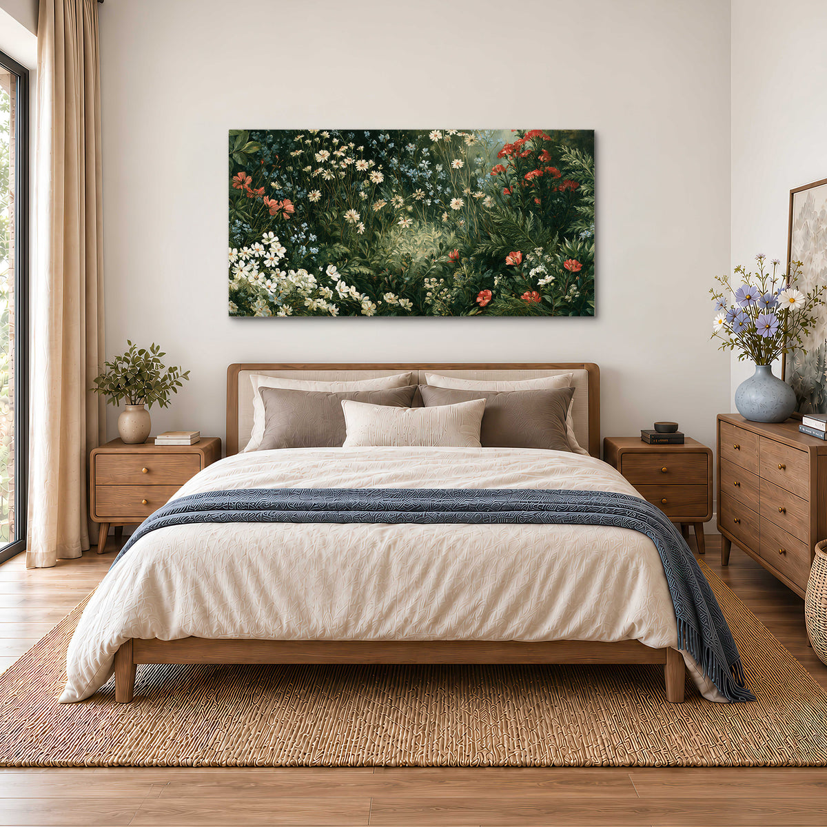 Small white flowers and red blossoms among deep green woodland leaves single canvas wall art styled in an interior