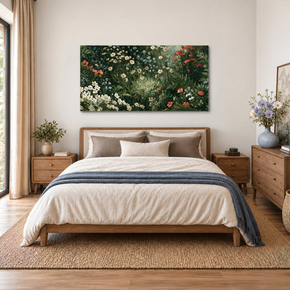 Small white flowers and red blossoms among deep green woodland leaves single canvas wall art styled in an interior