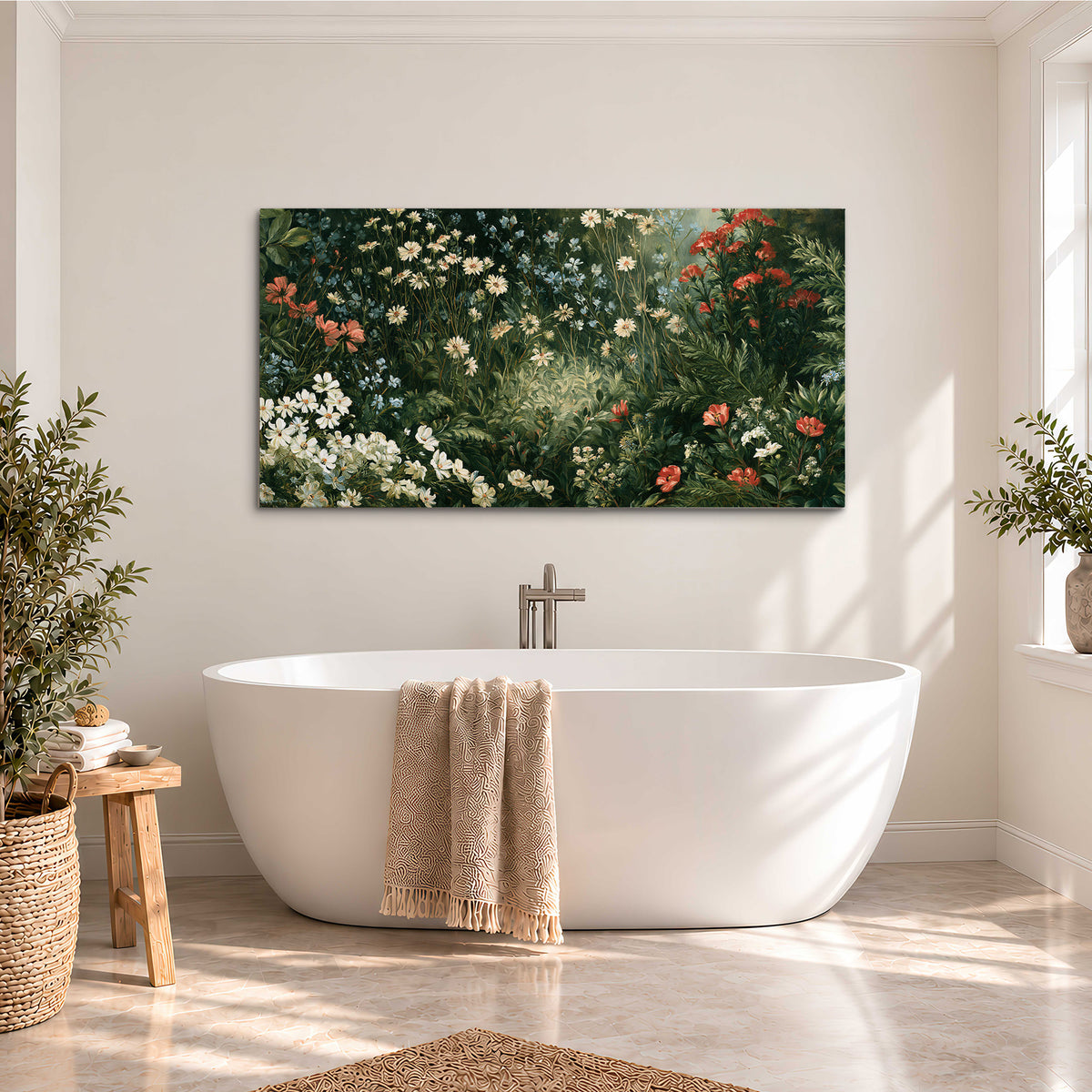Small white flowers and red blossoms among deep green woodland leaves single canvas wall art styled in an interior