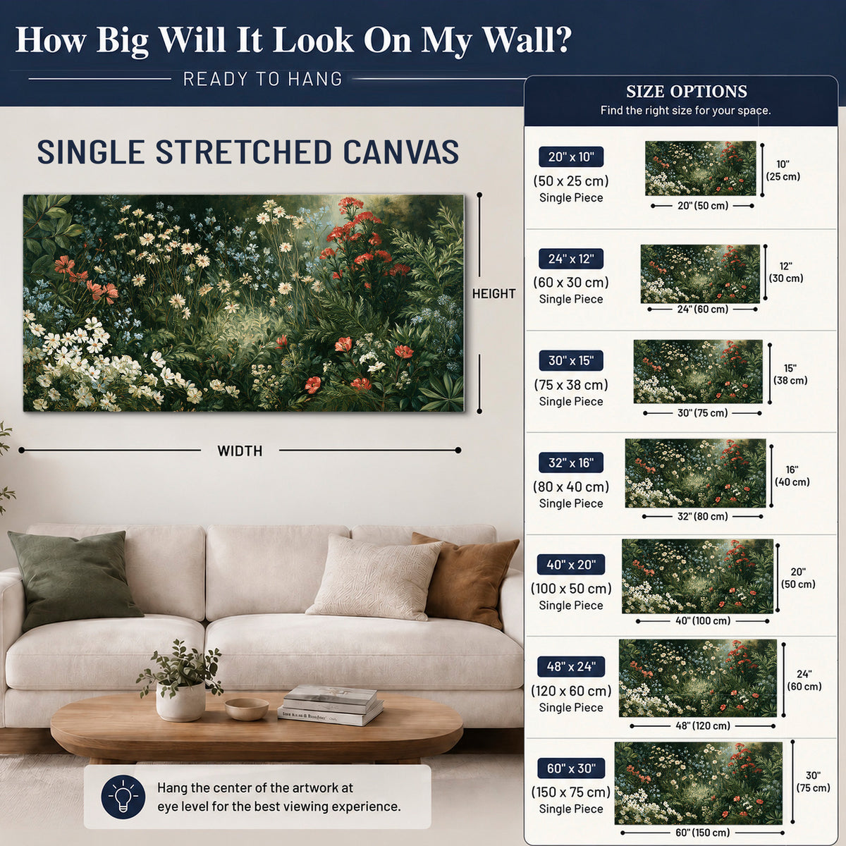 Small white flowers and red blossoms among deep green woodland leaves single canvas wall art size guide above a sofa; room view is illustrative