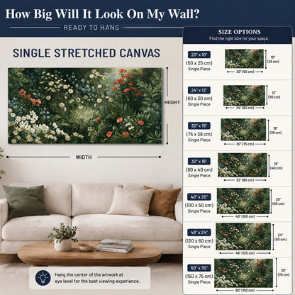 Small white flowers and red blossoms among deep green woodland leaves single canvas wall art size guide above a sofa; room view is illustrative
