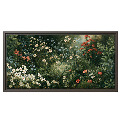 Small white flowers and red blossoms among deep green woodland leaves single framed canvas wall art viewed straight on