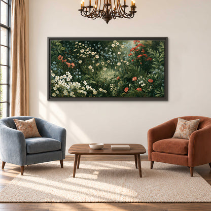 Small white flowers and red blossoms among deep green woodland leaves single framed canvas wall art styled in an interior