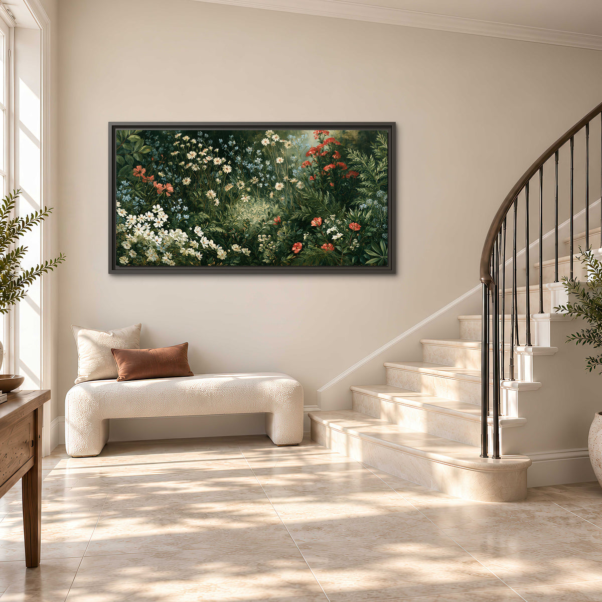 Small white flowers and red blossoms among deep green woodland leaves single framed canvas wall art styled in an interior