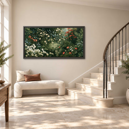 Small white flowers and red blossoms among deep green woodland leaves single framed canvas wall art styled in an interior
