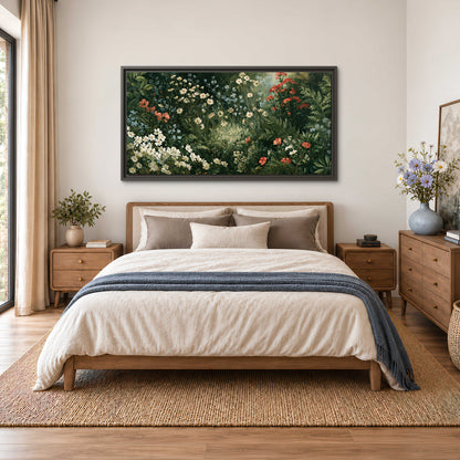 Small white flowers and red blossoms among deep green woodland leaves single framed canvas wall art styled in an interior