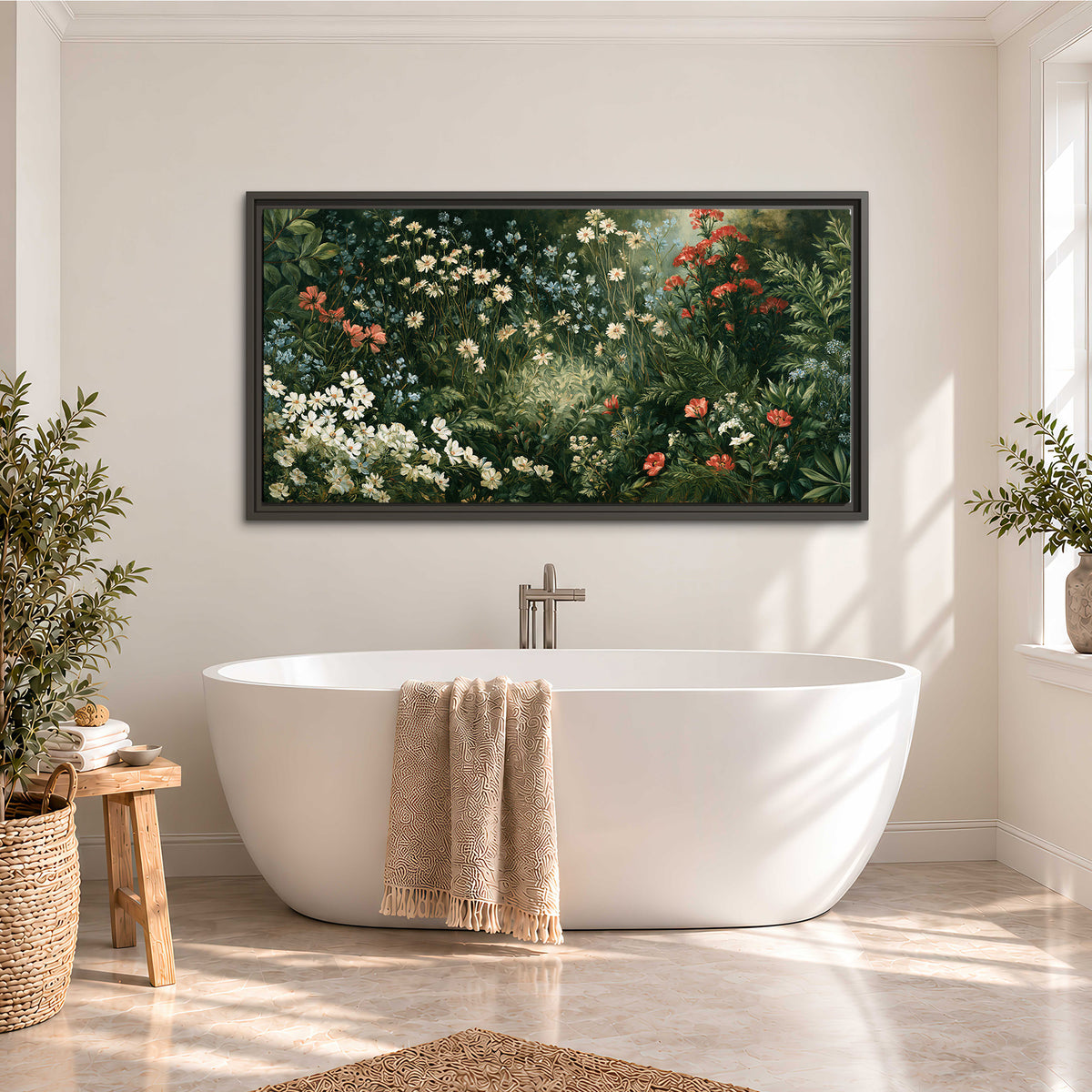 Small white flowers and red blossoms among deep green woodland leaves single framed canvas wall art styled in an interior