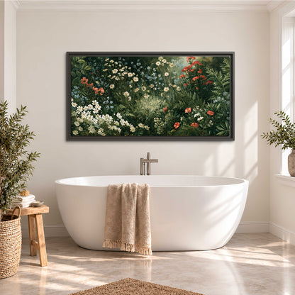 Small white flowers and red blossoms among deep green woodland leaves single framed canvas wall art styled in an interior