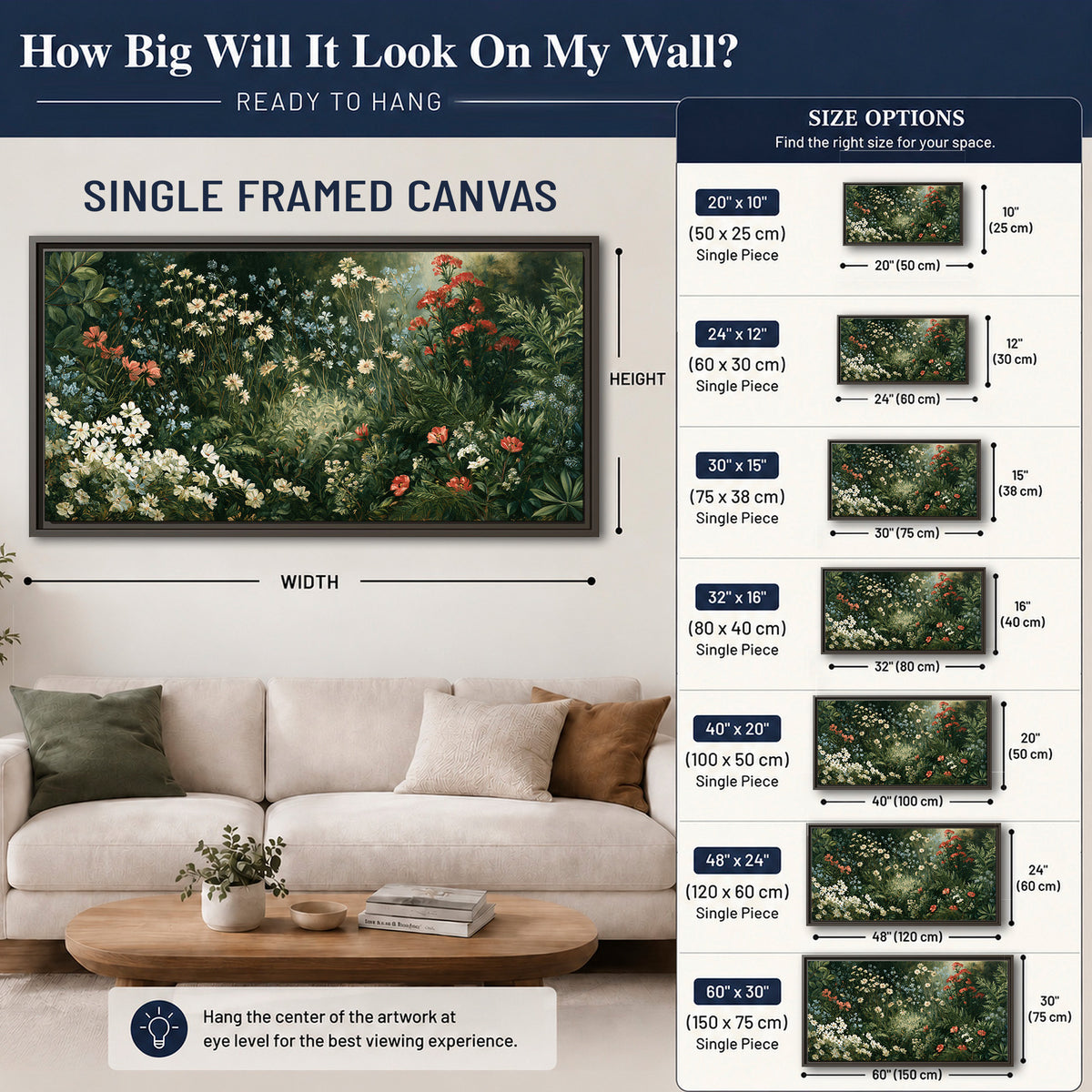 Small white flowers and red blossoms among deep green woodland leaves single framed canvas wall art size guide above a sofa; room view is illustrative