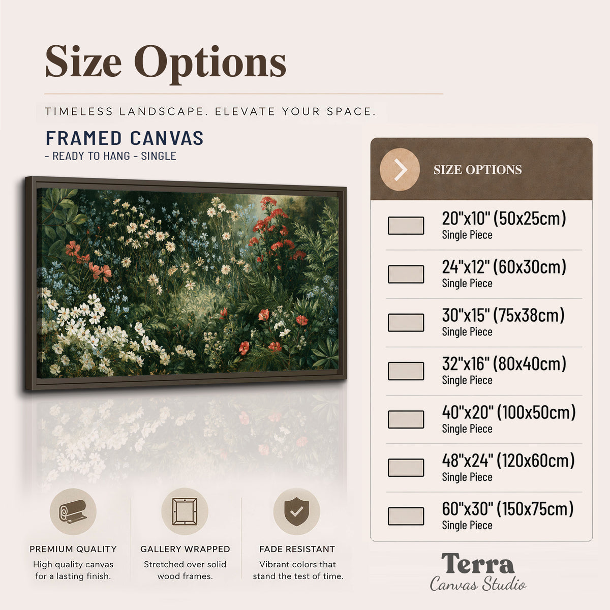 Small white flowers and red blossoms among deep green woodland leaves single framed canvas wall art available dimensions