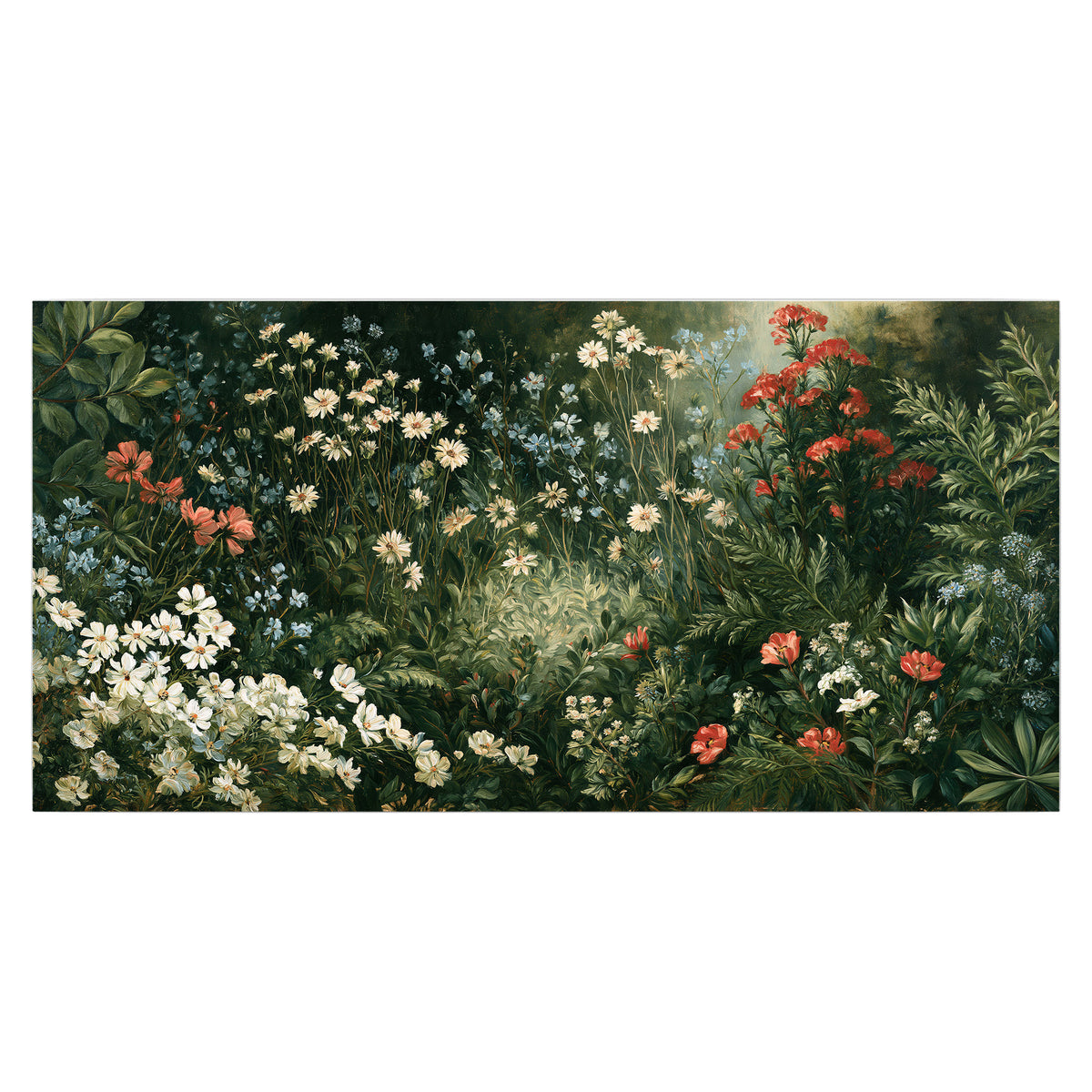 Small white flowers and red blossoms among deep green woodland leaves single poster print viewed straight on